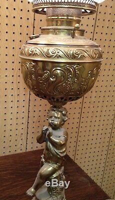 Antique Electrfied Oil Lamp Cherub Base And Shade