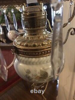 Antique Electric Hanging Oil Lamp Library Lamp Plug-In Prisms Blue Floral