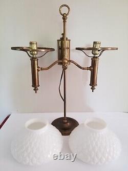 Antique Electric Oil Lamp Student Lamp Brass Quilted Hobnail Milk Glass Shade