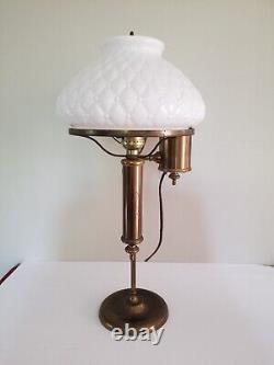 Antique Electric Oil Lamp Student Lamp Brass Quilted Hobnail Milk Glass Shade