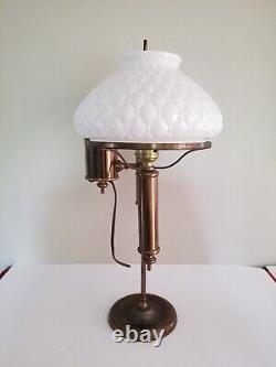 Antique Electric Oil Lamp Student Lamp Brass Quilted Hobnail Milk Glass Shade