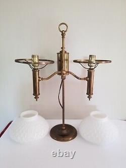 Antique Electric Oil Lamp Student Lamp Brass Quilted Hobnail Milk Glass Shade