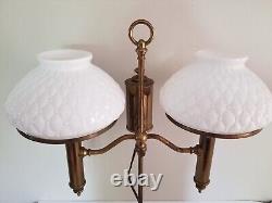 Antique Electric Oil Lamp Student Lamp Brass Quilted Hobnail Milk Glass Shade