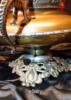 Antique Electrified Bradley & Hubbard Gilded Dragon Parlor Banquet Oil Lamp