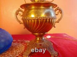 Antique Electrified Miller/The Juno Lamp USA Brass & Blue Glass Shade