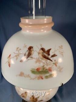 Antique Electrified Oil Kerosene Lamp Hand Painted Bird & Floral Parlor LampGWTW
