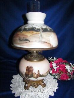 Antique Electrified Oil Lamp Hand Painted Glass Hurricane Shade And Lamp 19
