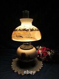 Antique Electrified Oil Lamp Hand Painted Glass Hurricane Shade And Lamp 19