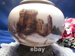 Antique Electrified Oil Lamp Hand Painted Glass Hurricane Shade And Lamp 19