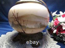Antique Electrified Oil Lamp Hand Painted Glass Hurricane Shade And Lamp 19