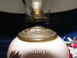 Antique Electrified Oil Lamp Hand Painted Glass Hurricane Shade And Lamp 19