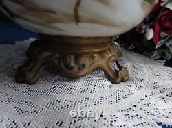 Antique Electrified Oil Lamp Hand Painted Glass Hurricane Shade And Lamp 19