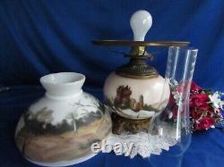 Antique Electrified Oil Lamp Hand Painted Glass Hurricane Shade And Lamp 19