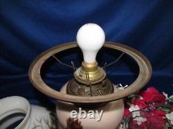 Antique Electrified Oil Lamp Hand Painted Glass Hurricane Shade And Lamp 19