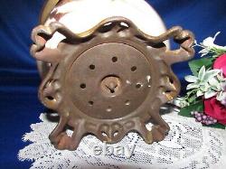 Antique Electrified Oil Lamp Hand Painted Glass Hurricane Shade And Lamp 19