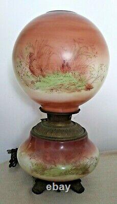 Antique Electrified Oil Lamp Parlor Lamp Handpainted Land Fowl