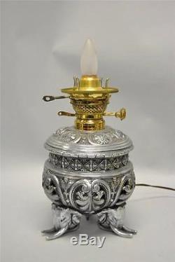 Antique Electrified Oil Lamp in Silver with Figural Elephant Details