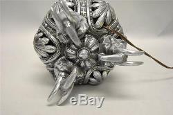 Antique Electrified Oil Lamp in Silver with Figural Elephant Details