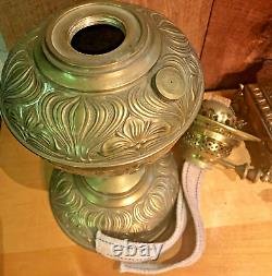 Antique Embossed Brass Stand Oil Lamp, British Made Duplex Burner, Shade Holder