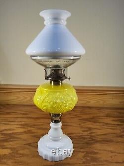 Antique Embossed Cased Yellow Floral Scroll Kerosene Oil Stand Lamp Illuminator