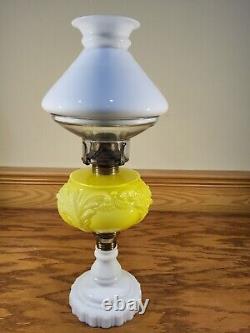 Antique Embossed Cased Yellow Floral Scroll Kerosene Oil Stand Lamp Illuminator