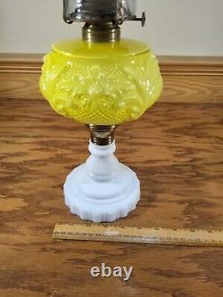 Antique Embossed Cased Yellow Floral Scroll Kerosene Oil Stand Lamp Illuminator