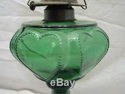 Antique Emerald Green Glass Fluid Lamp Oil/Kerosene Light Heart Beaded