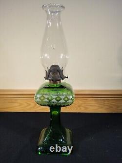 Antique Emerald Green Unidentified Diamond Berry Tassel Kerosene Oil Stand Lamp