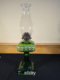 Antique Emerald Green Unidentified Diamond Berry Tassel Kerosene Oil Stand Lamp