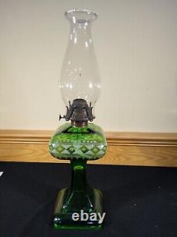 Antique Emerald Green Unidentified Diamond Berry Tassel Kerosene Oil Stand Lamp