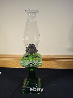 Antique Emerald Green Unidentified Diamond Berry Tassel Kerosene Oil Stand Lamp