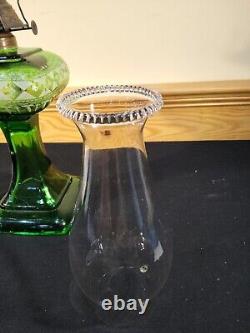 Antique Emerald Green Unidentified Diamond Berry Tassel Kerosene Oil Stand Lamp