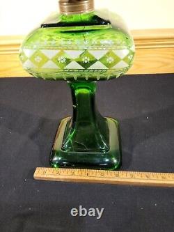 Antique Emerald Green Unidentified Diamond Berry Tassel Kerosene Oil Stand Lamp