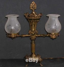 Antique Empire Double Argand Oil Lamp Ormolu Vase Font Holder Wheelcut Shade 21