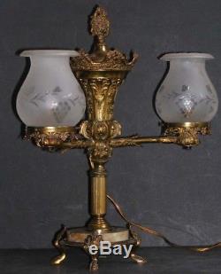 Antique Empire Double Argand Oil Lamp Ormolu Vase Font Holder Wheelcut Shade 21