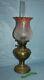 Antique Estate Kerosene Oil Lamp Three Feathers Germany Chimney Pink Globe Brass
