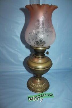 Antique Estate Kerosene Oil Lamp Three Feathers Germany Chimney Pink Globe Brass