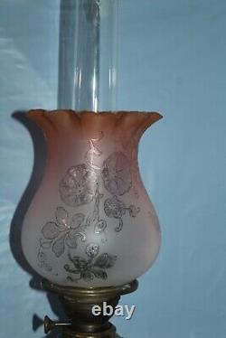 Antique Estate Kerosene Oil Lamp Three Feathers Germany Chimney Pink Globe Brass