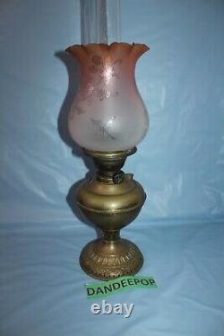 Antique Estate Kerosene Oil Lamp Three Feathers Germany Chimney Pink Globe Brass