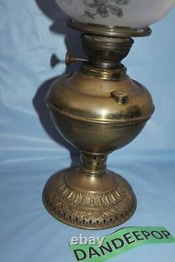 Antique Estate Kerosene Oil Lamp Three Feathers Germany Chimney Pink Globe Brass