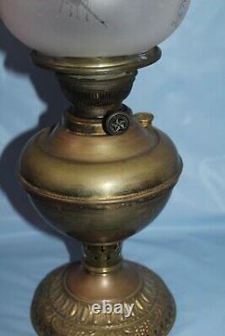 Antique Estate Kerosene Oil Lamp Three Feathers Germany Chimney Pink Globe Brass