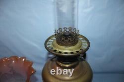 Antique Estate Kerosene Oil Lamp Three Feathers Germany Chimney Pink Globe Brass