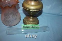 Antique Estate Kerosene Oil Lamp Three Feathers Germany Chimney Pink Globe Brass