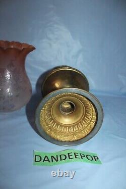 Antique Estate Kerosene Oil Lamp Three Feathers Germany Chimney Pink Globe Brass