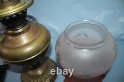 Antique Estate Kerosene Oil Lamp Three Feathers Germany Chimney Pink Globe Brass