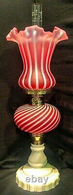 Antique European Satin Cranberry Opalescent Striped Glass Oil Lamp Complete