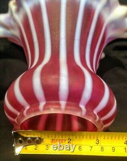 Antique European Satin Cranberry Opalescent Striped Glass Oil Lamp Complete