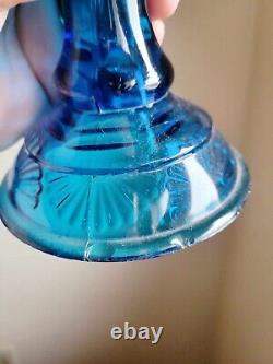 Antique Fandango Blue Glass Kerosene Oil Lamp 7 1/4 Tall
