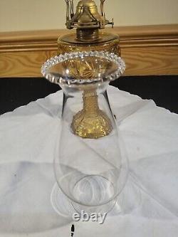 Antique Feather Duster Chevron Ribbed Round Amber Glass Kerosene Oil Stand Lamp