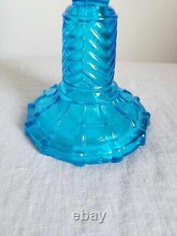 Antique Feather Duster on Chevron Ribbed Base Colorless Blue Kerosene Oil Lamp